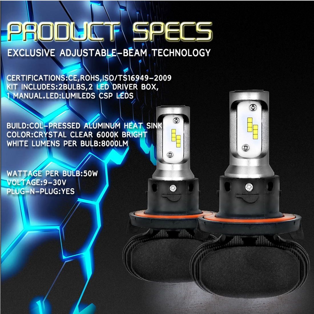 2 PCS H13 IP65 Waterproof 6 CSP LED Car Headlight Bulb