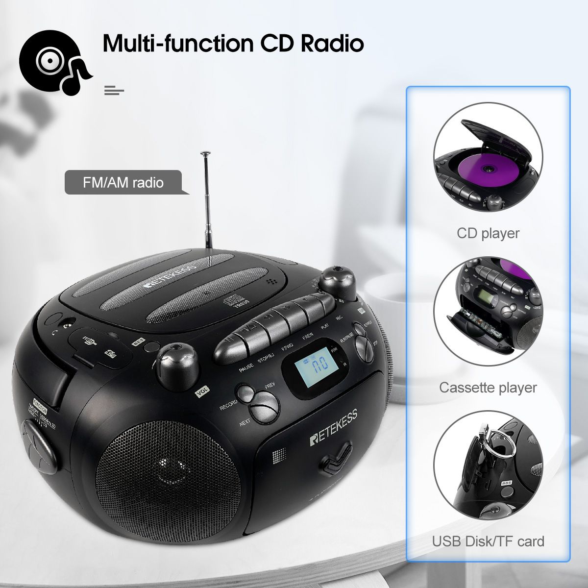 TR630 CD Player Boombox Stereo Portable Radio FM AM Cassette Tape 3W Speaker TF USB Recording Remote Control For Home