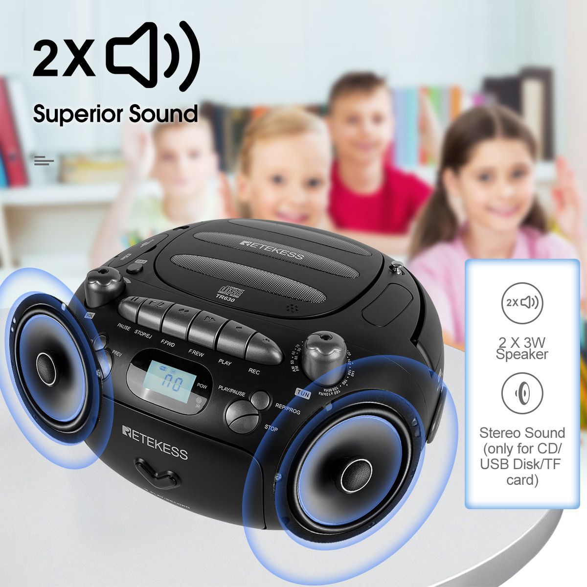 TR630 CD Player Boombox Stereo Portable Radio FM AM Cassette Tape 3W Speaker TF USB Recording Remote Control For Home