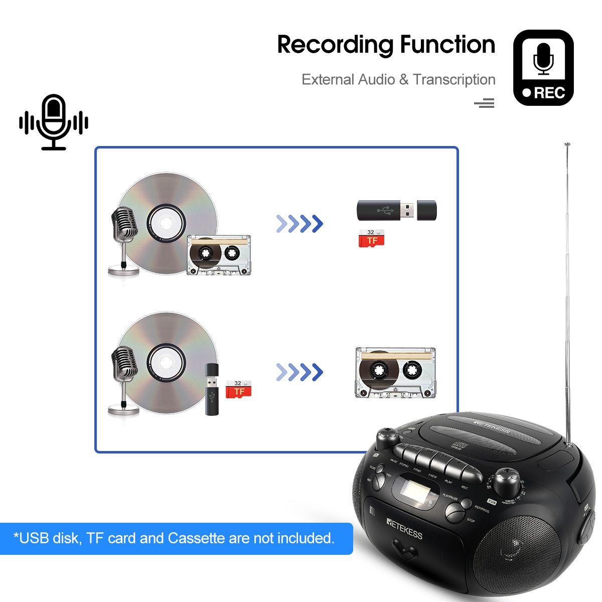 TR630 CD Player Boombox Stereo Portable Radio FM AM Cassette Tape 3W Speaker TF USB Recording Remote Control For Home