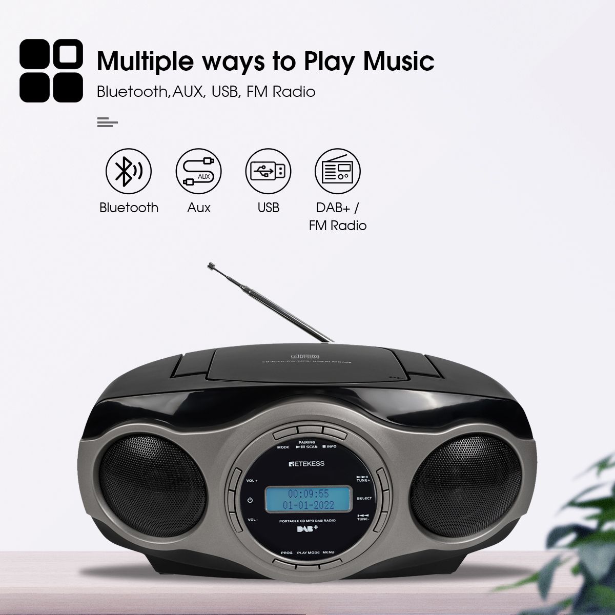 TR631 Portable CD Boombox Stereo Radio FM Bluetooth 3W Speaker LCD Display Support Alarm Clock MP3 AAC USB AUX Elder