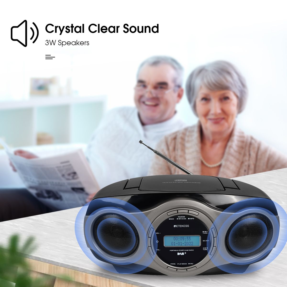 TR631 Portable CD Boombox Stereo Radio FM Bluetooth 3W Speaker LCD Display Support Alarm Clock MP3 AAC USB AUX Elder