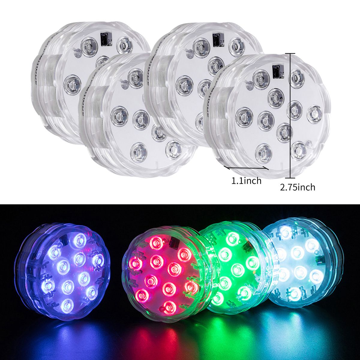4PCS Submersible LED Lights With Remotes RGB 16 Colors