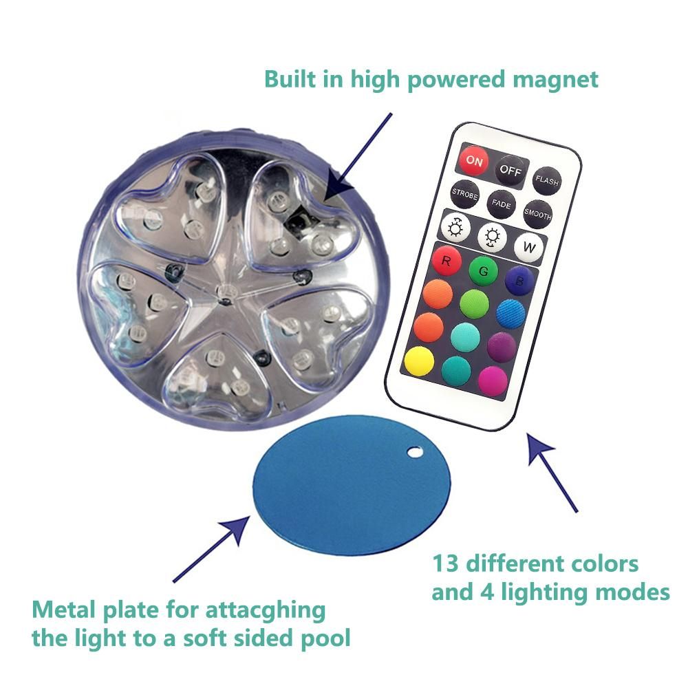 Dimmable Submersible Pool Light with IR Remote Control RGBW LEDs Pond Fountain Lamp 13 Colors & 4 Lighting Modes IP68 Waterproof Underwater Light Decoration Lamp for Party Christmas Swimming Pool Christmas
