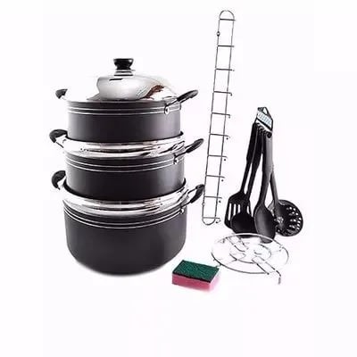 Home Basics Non Stick Cookware Set + 6 Cooking Spoons + 1 Rack + 1 Pot Stand + Sponge