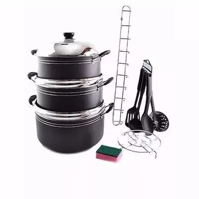 Home Basics Non Stick Cookware Set + 6 Cooking Spoons + 1 Rack + 1 Pot Stand + Sponge