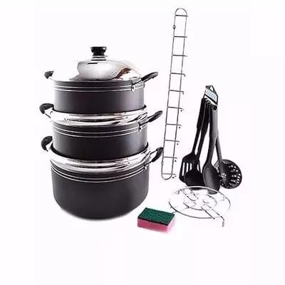 Home Basics Non Stick Cookware Set + 6 Cooking Spoons + 1 Rack + 1 Pot Stand + Sponge