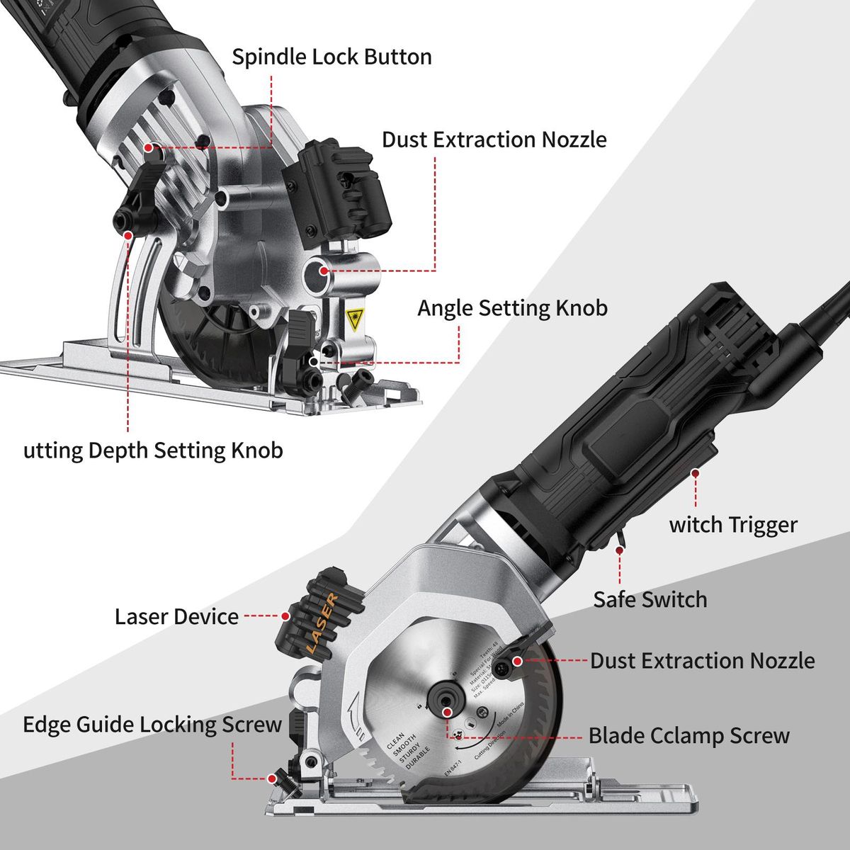 Mini Circular Saw 4.Amp 4-1/2 Inch Compact Circular Saw 3500RPM Electric Circular Saws with Laser Cutting Guide for Wood Tile and Plastic Cuts Not Included Batteries Grey UK