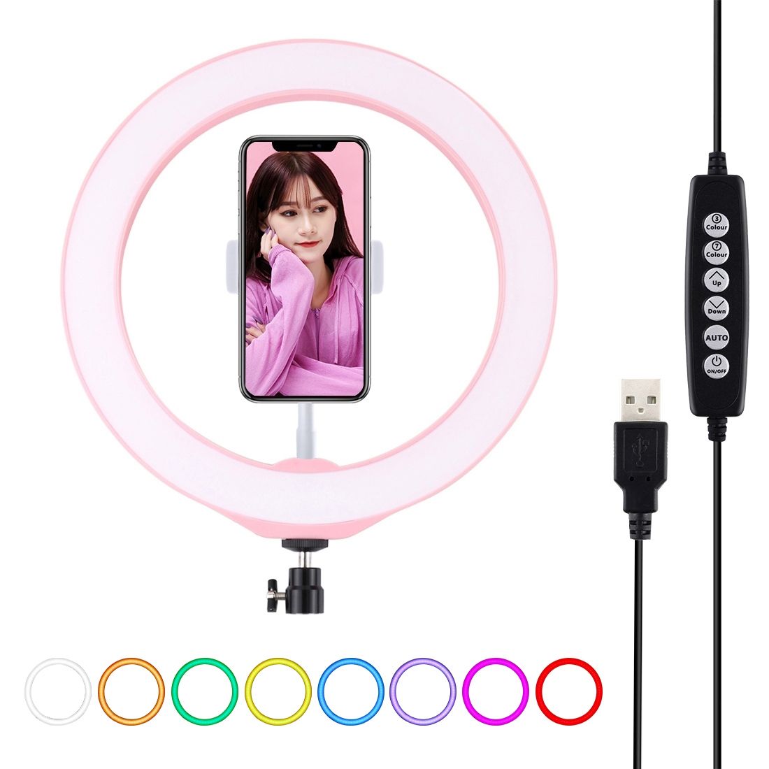 PULUZ 10.2 Inch 26cm USB 10 Modes 8 Colors RGBW Dimmable LED Ring Vlogging Photography Video Lights With Cold Shoe Tripod Ball Head & Phone Clamp(Pink)