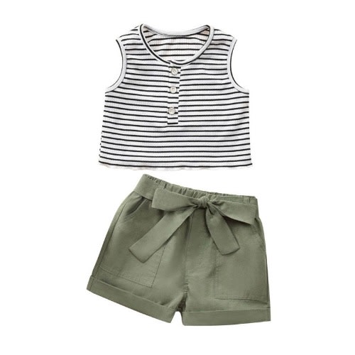 Two Pieces Toddler Girl Stripe Top And Belted Shorts Set