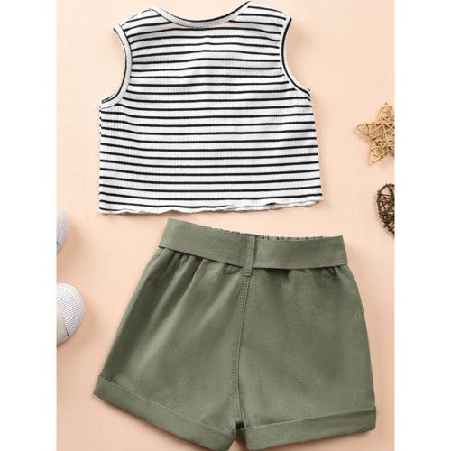 Two Pieces Toddler Girl Stripe Top And Belted Shorts Set