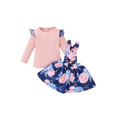 2 Pieces Kid Girl Rib-knit Top & Floral Suspender Skirt Outfit