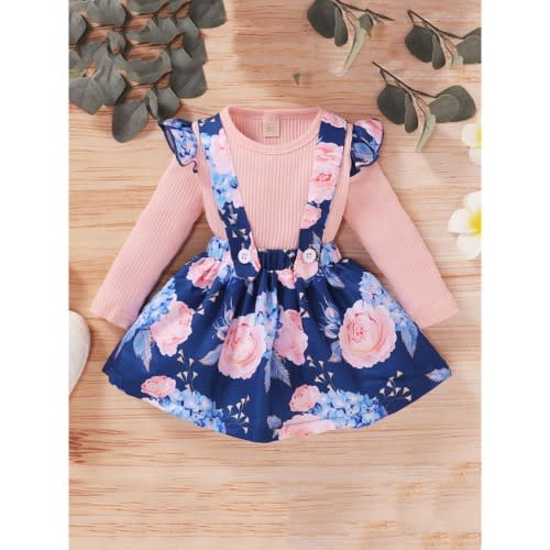 2 Pieces Kid Girl Rib-knit Top & Floral Suspender Skirt Outfit