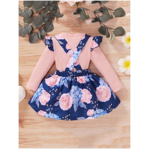 2 Pieces Kid Girl Rib-knit Top & Floral Suspender Skirt Outfit