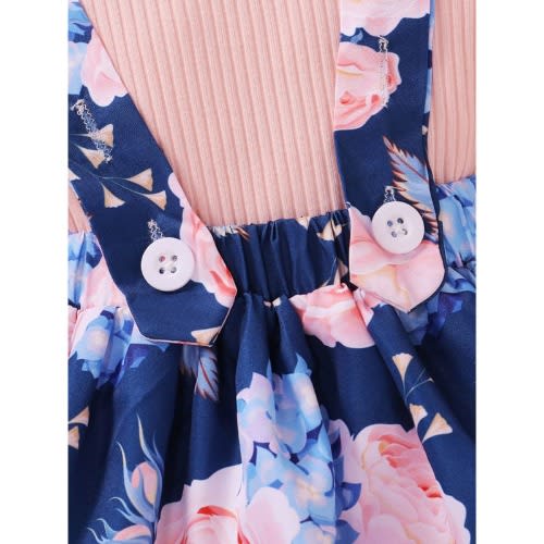 2 Pieces Kid Girl Rib-knit Top & Floral Suspender Skirt Outfit