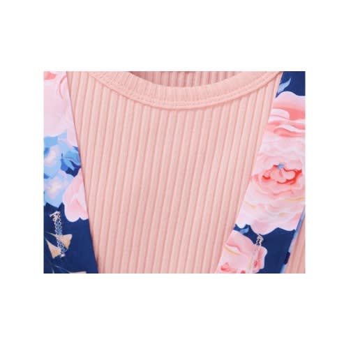 2 Pieces Kid Girl Rib-knit Top & Floral Suspender Skirt Outfit