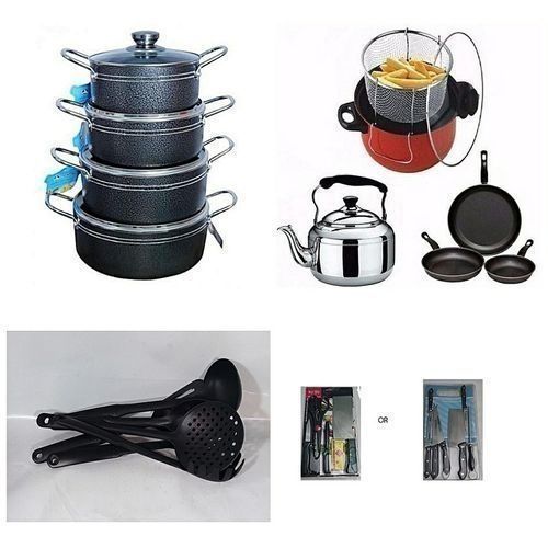 Economy Kitchen Bundle - 8 Set Of Non Stick Pot + 1 Deep Fryer + 1 Kettle + 3 Set Of Non Stick Frying Pan + 1 Set Of Non Stick Spoon + 1 Set Of Knife