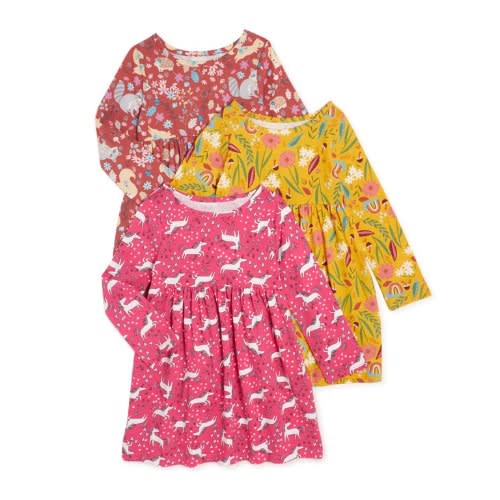 Girls Organic Cotton Long Sleeve Knit Skaters Dress - 3pcs
