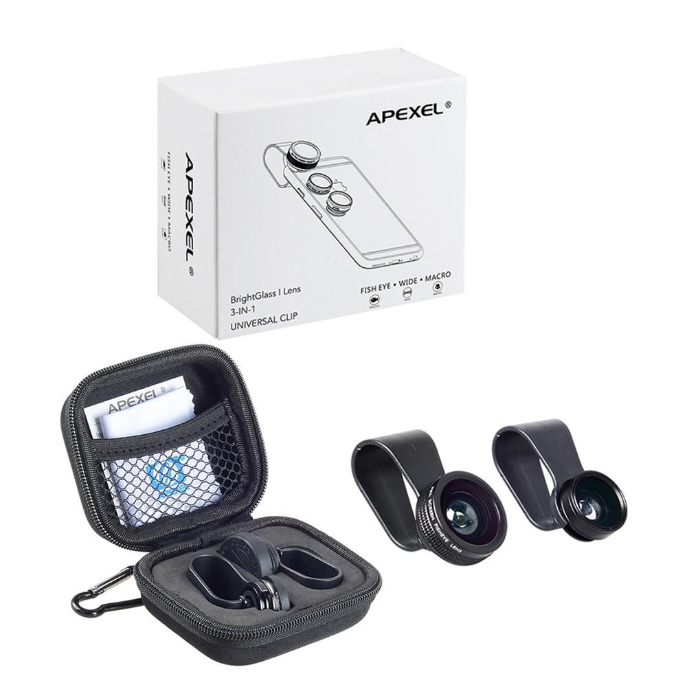 APEXEL 3-in-1 Clip-on Lens Kit for Android Tablets iphone,Samsung Galaxy and other Smartphones Fisheye Lens+ 2in1 lens