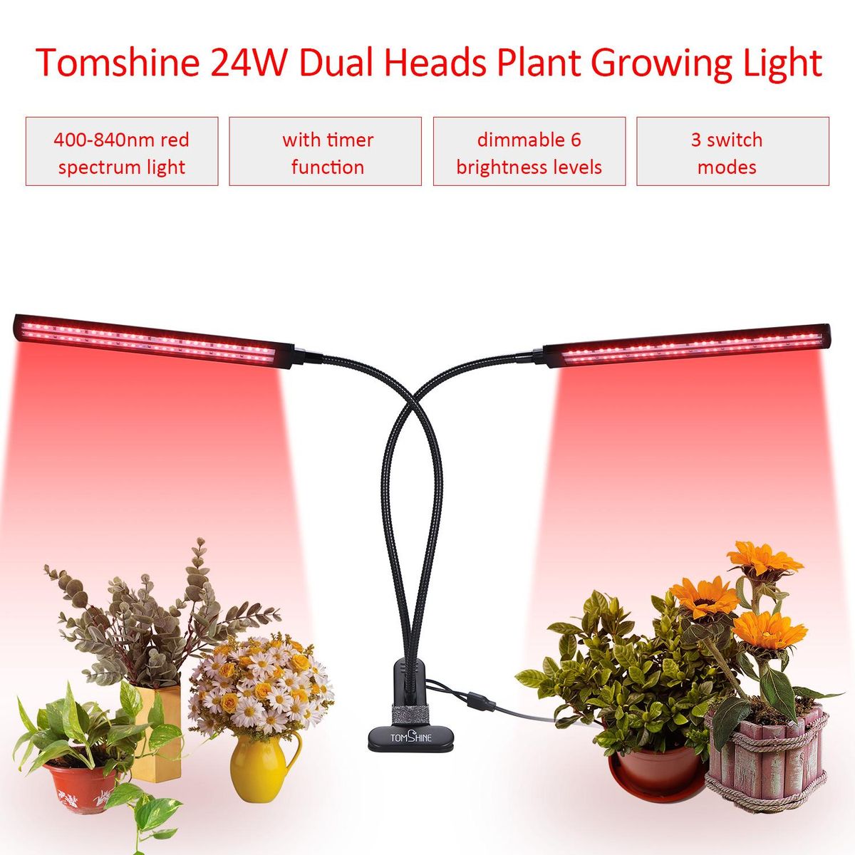 Tomshine 24W Dual Heads LED Plant Growing Light Growth Lamp Red Spectrum Dimmable 6 Brightness Levels Adjustable 3/6/12H Timer Timing Function 3 Switch Modes Flexible Goose Neck Clamp Clip Design for Balcony Greenhouse Garden