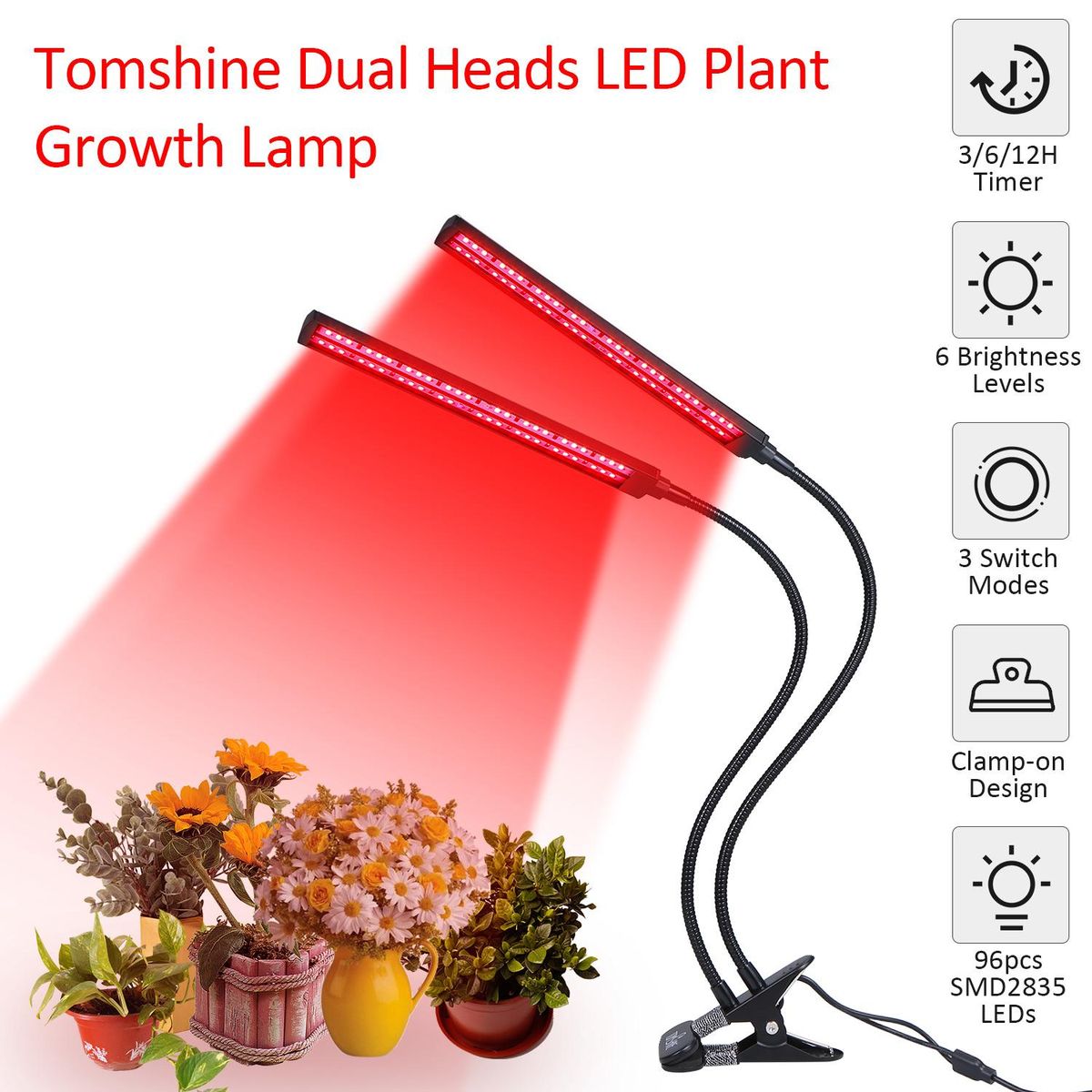 Tomshine 24W Dual Heads LED Plant Growing Light Growth Lamp Red Spectrum Dimmable 6 Brightness Levels Adjustable 3/6/12H Timer Timing Function 3 Switch Modes Flexible Goose Neck Clamp Clip Design for Balcony Greenhouse Garden