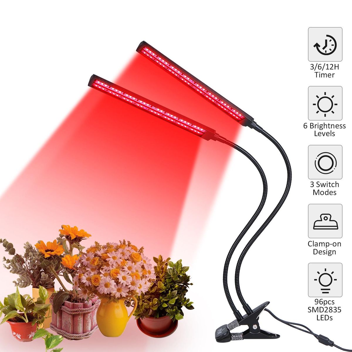Tomshine 24W Dual Heads LED Plant Growing Light Growth Lamp Red Spectrum Dimmable 6 Brightness Levels Adjustable 3/6/12H Timer Timing Function 3 Switch Modes Flexible Goose Neck Clamp Clip Design for Balcony Greenhouse Garden