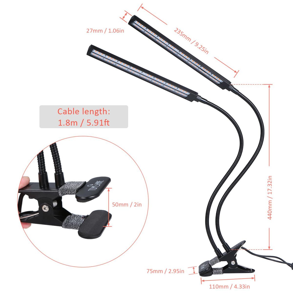 Tomshine 24W Dual Heads LED Plant Growing Light Growth Lamp Red Spectrum Dimmable 6 Brightness Levels Adjustable 3/6/12H Timer Timing Function 3 Switch Modes Flexible Goose Neck Clamp Clip Design for Balcony Greenhouse Garden