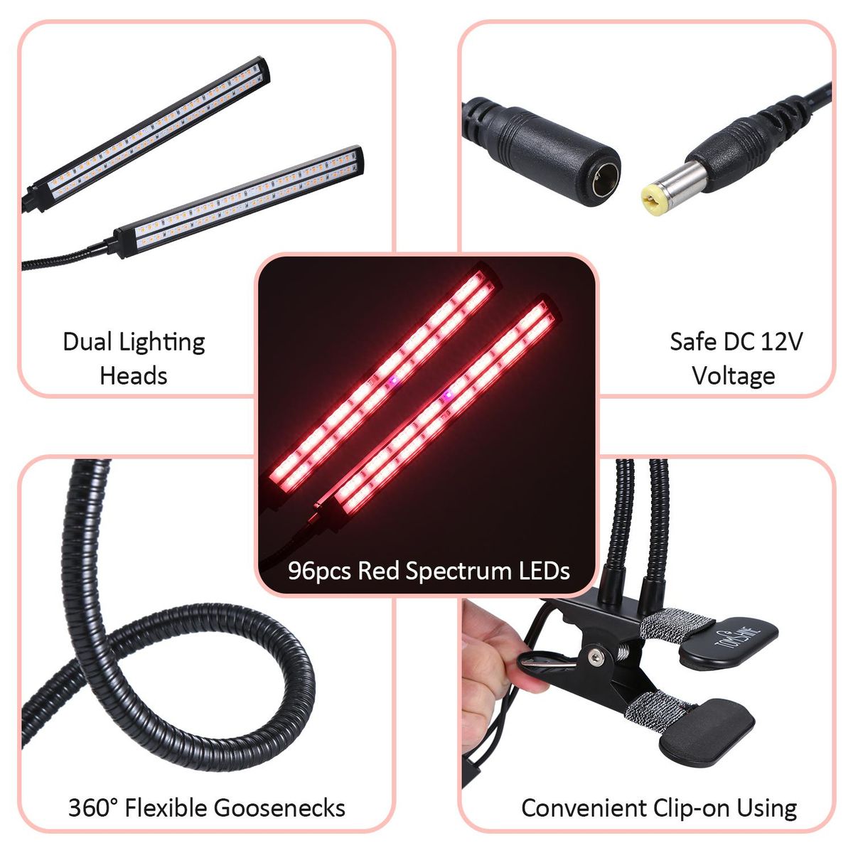 Tomshine 24W Dual Heads LED Plant Growing Light Growth Lamp Red Spectrum Dimmable 6 Brightness Levels Adjustable 3/6/12H Timer Timing Function 3 Switch Modes Flexible Goose Neck Clamp Clip Design for Balcony Greenhouse Garden