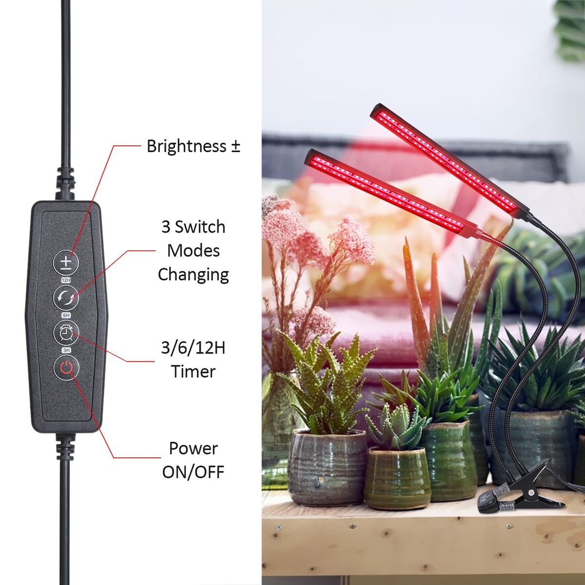 Tomshine 24W Dual Heads LED Plant Growing Light Growth Lamp Red Spectrum Dimmable 6 Brightness Levels Adjustable 3/6/12H Timer Timing Function 3 Switch Modes Flexible Goose Neck Clamp Clip Design for Balcony Greenhouse Garden