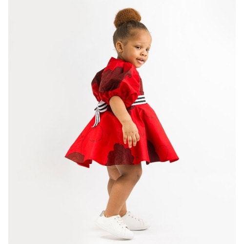 Girls Dress With Black Floral Pattern - Red