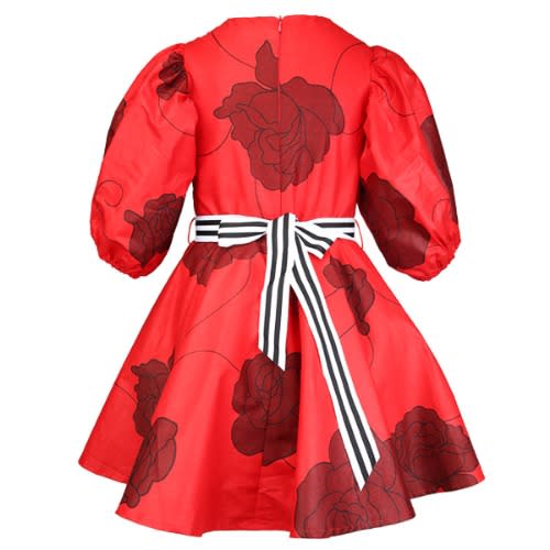 Girls Dress With Black Floral Pattern - Red