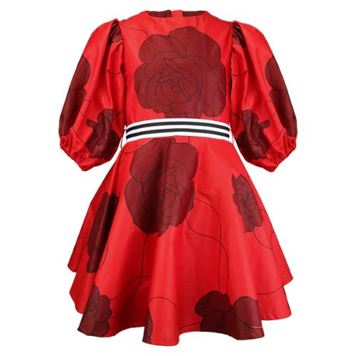 Girls Dress With Black Floral Pattern - Red