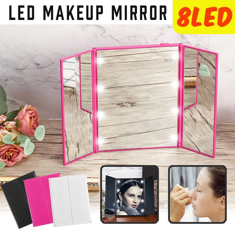 Tri-Fold Foldable LED Vanity Makeup Mirrors Led Light Glass Travel Compact Table Rose