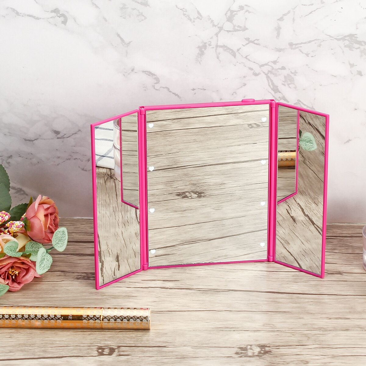 Tri-Fold Foldable LED Vanity Makeup Mirrors Led Light Glass Travel Compact Table Rose
