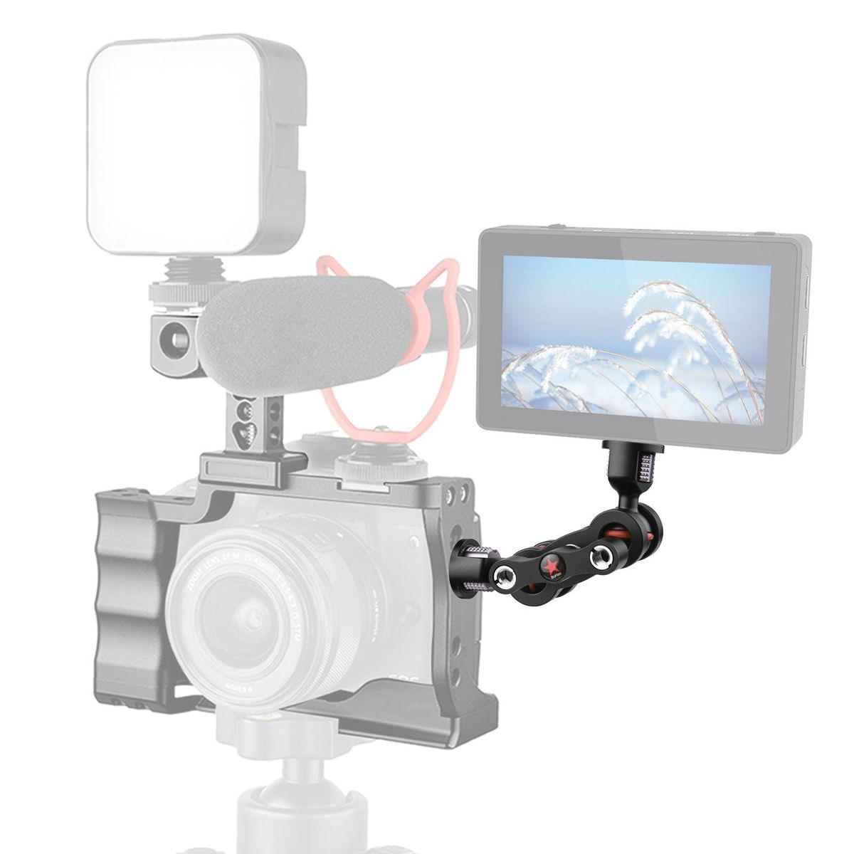 Andoer MA-113 Magic Arm Extension Bracket Monitor Mount Adapter Aluminum Alloy 1/4 Inch Screws Connection Dual Flexible Ball Heads for Mounting Video Monitor LED Light with Storage Box
