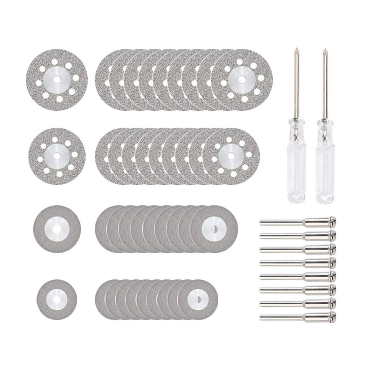 40Pcs Diamond Cutting Wheels (25mm/22mm/18mm/16mm Each 10Pcs) 8Pcs 3mm Shank Mandrels 2 Screwdrivers for Rotary Tool