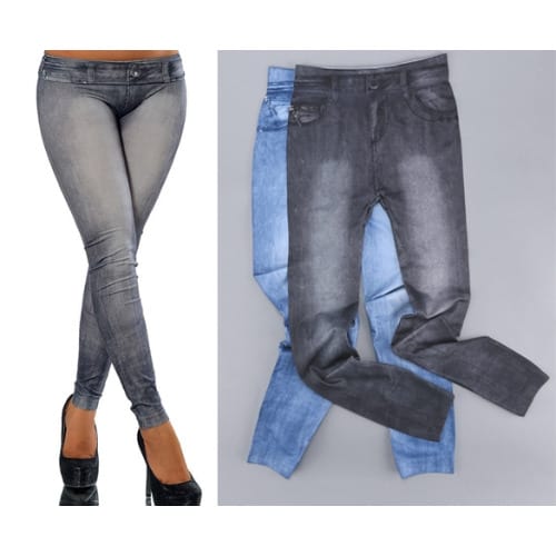 Stylish Stone Wash Faux  Jeans Leggings - Black