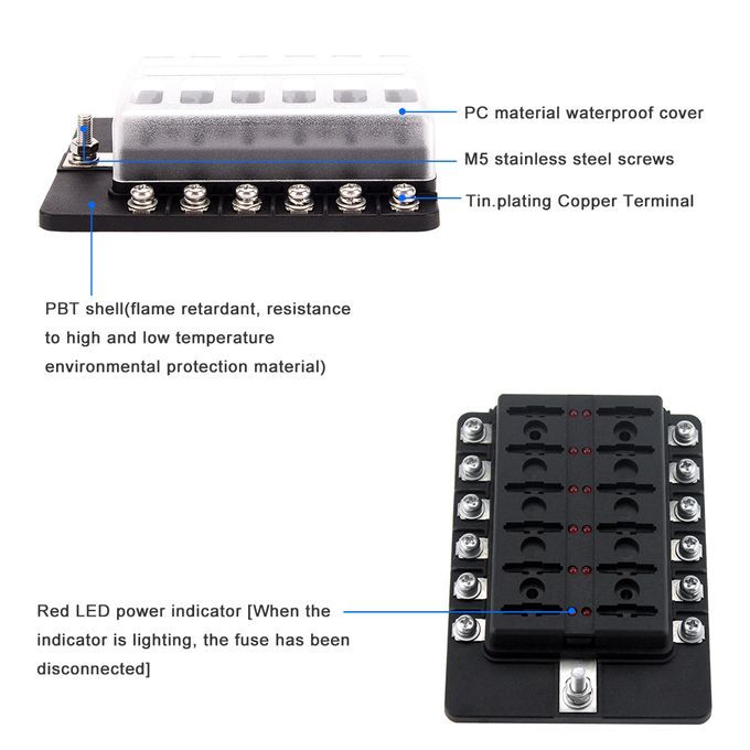 12 Way Fuse Box Holder Fuse Blocks With Red LED Indicator