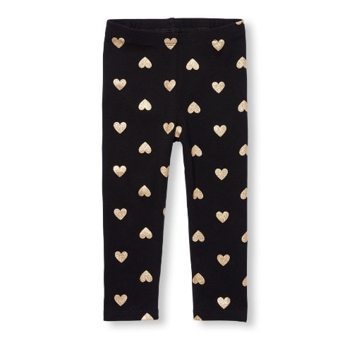 Girls Heart Glittering Print Full-length Leggings- Black And Gold