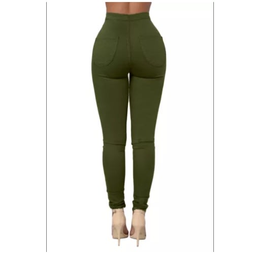 Ladies High Waisted Skinny Jeans With Round Pockets - Olive Green