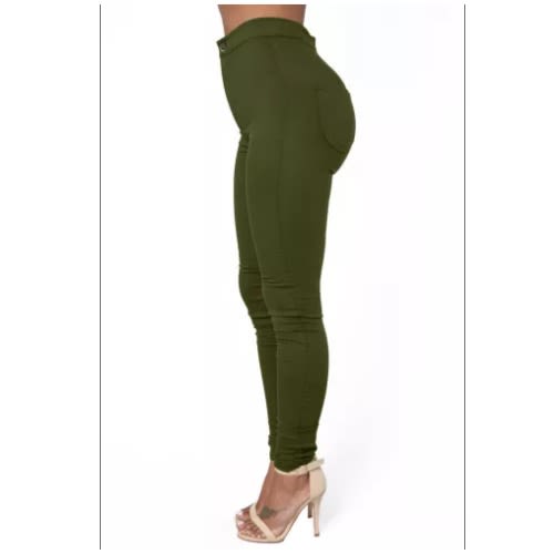 Ladies High Waisted Skinny Jeans With Round Pockets - Olive Green