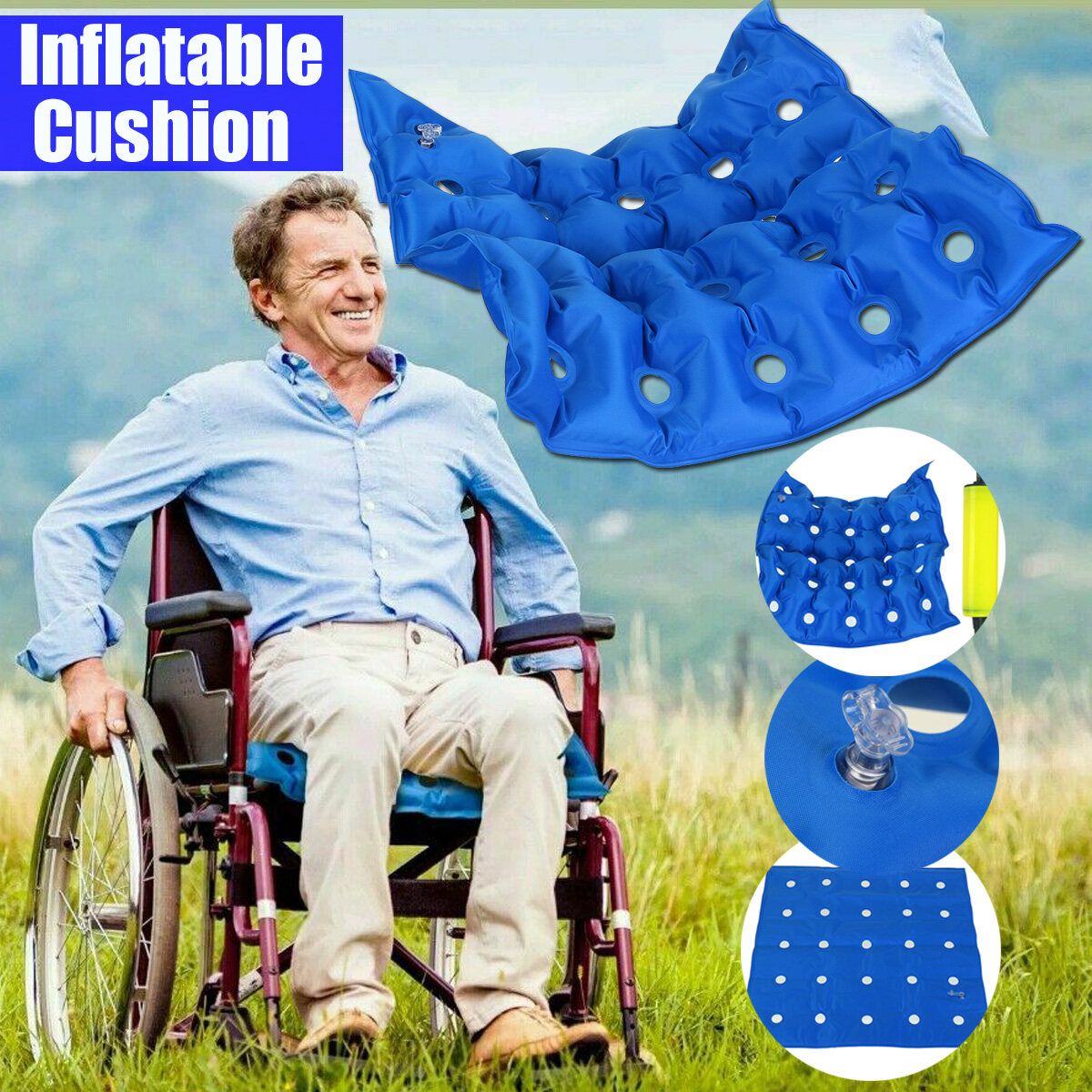 Air Inflatable Seat Cushion Wheelchair Car Office Chair Breathable Pad Blue