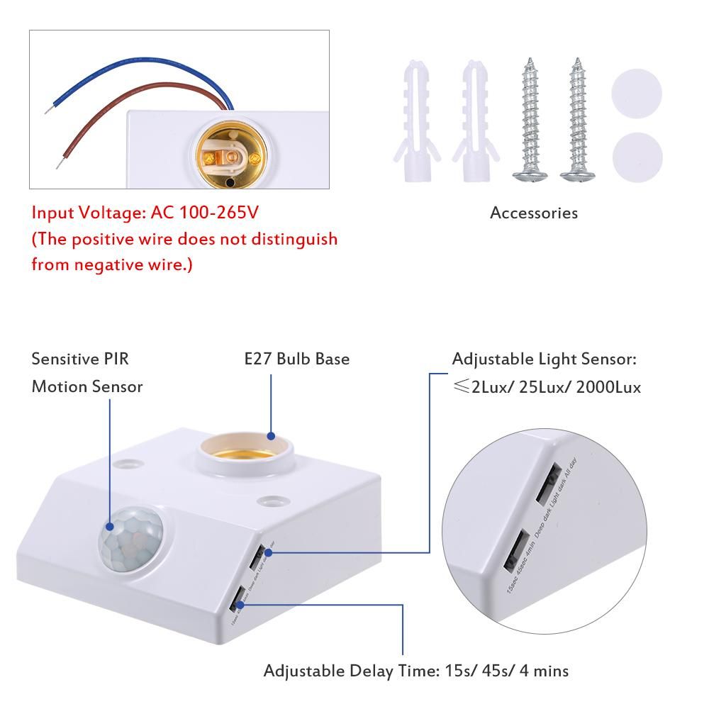 AC100-265V 50W(Max.) Mini PIR Motion Sensor E27 Lamp Base Socket Holder Adopted Sensitive 3 Levels Light Control / 3 Levels Adjustable Delay-time Infrared Human Technology for Lighting Fixture Lamp Living Room Bedroom Corrido