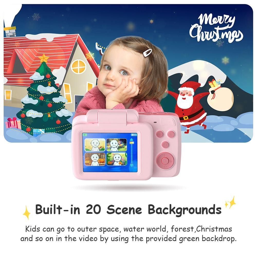 720P Kids Digital Video Camera Camcorder Supports Video Editing Background Changing Built-in Battery with 1 * 1.5M Green Backdrop Birthday Festival Gift for Children Boys Girls
