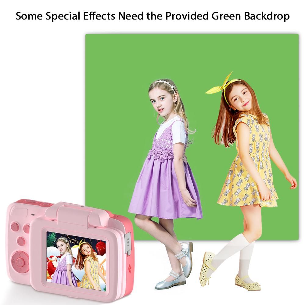 720P Kids Digital Video Camera Camcorder Supports Video Editing Background Changing Built-in Battery with 1 * 1.5M Green Backdrop Birthday Festival Gift for Children Boys Girls