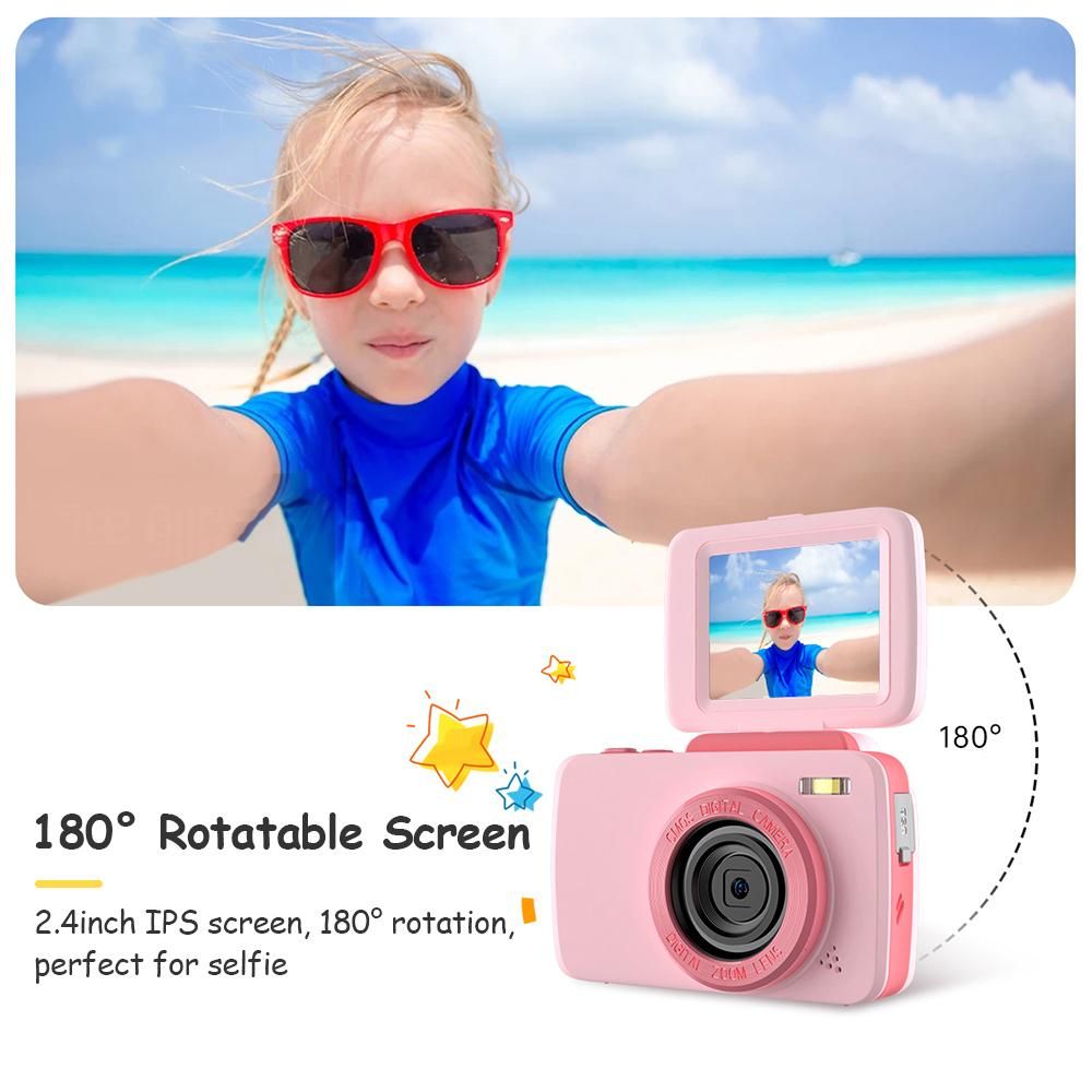 720P Kids Digital Video Camera Camcorder Supports Video Editing Background Changing Built-in Battery with 1 * 1.5M Green Backdrop Birthday Festival Gift for Children Boys Girls