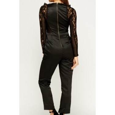 Lace Sleeve Contrast Jumpsuit - Black