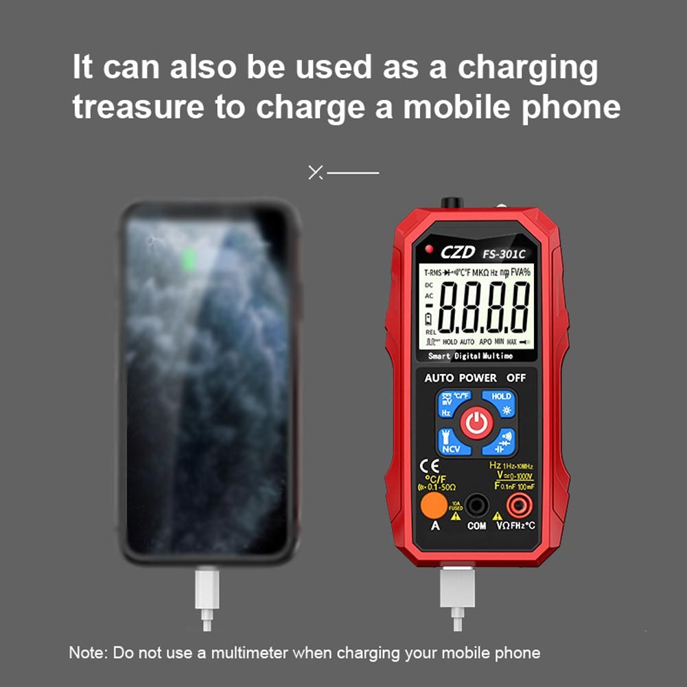 301C  Large Display Screen T-RMS Digital Intelligent Portable Multimeter with Backlight LED Flashlight Function NCV Direct Current AC Voltage Current Resistance Diode Capacitance Continuity Frequency Temperature Measurement M