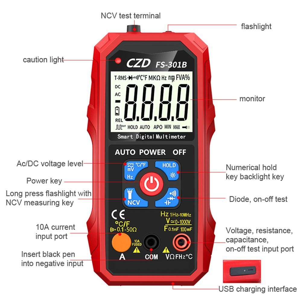 301C  Large Display Screen T-RMS Digital Intelligent Portable Multimeter with Backlight LED Flashlight Function NCV Direct Current AC Voltage Current Resistance Diode Capacitance Continuity Frequency Temperature Measurement M