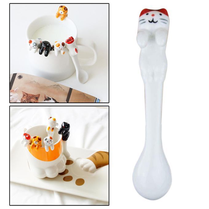 2x Ceramics Spoon Cat Design Teaspoons For Dessert Cappuccino